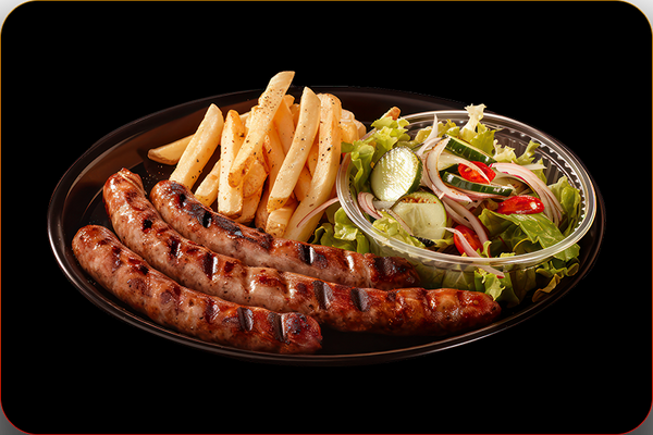 3 Cârnăciori de Porc + Cartofi Prăjiți  + Salată Fresh + 1 Franzeluță